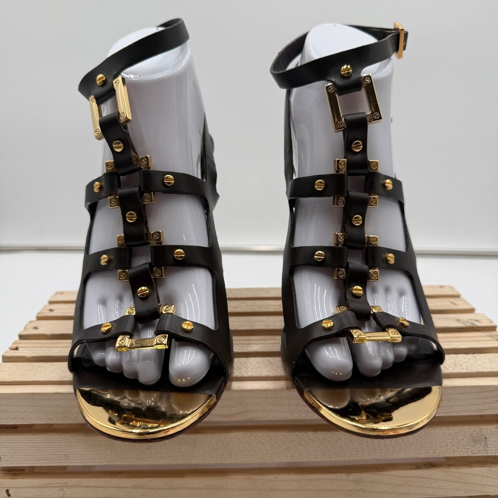 Tory Burch Francesca Gladiator‎ Heels Double Buckle Leather Brown Gold Women 9M